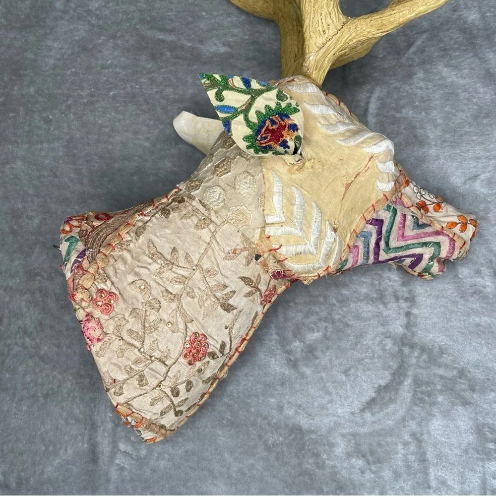 Faux Kantha Patchwork Deer Stag Fabric Covered Wall Decor Gold Antlers Boho